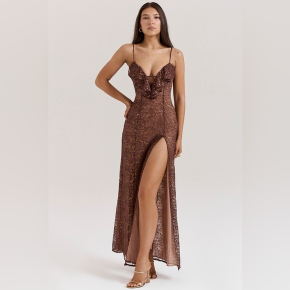 House of CB LUCIANNA Espresso Lace Maxi Dress , sz : medium - Picture 2 of 16